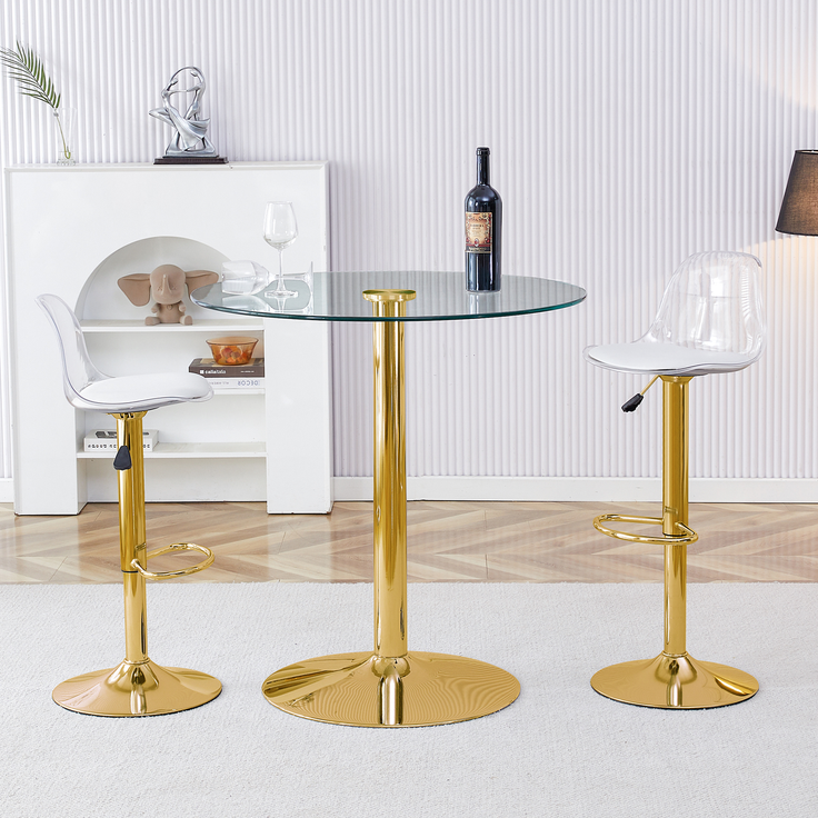 Flexibles Bar-Set: 89 cm Glastisch + 2 Hocker mit goldfarbenen Beinen, höhenverstellbar & drehbar, • Transparente Optik • 360°-Drehung • Vielseitig nutzbar, Schafft visuelle Weite und spart Platz.--Gold, Transparent--93x93x6cm--YOUDENOVA – Bild 2