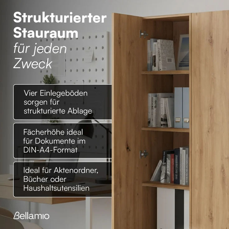 Bellamio 'Apol' Mehrzweckschrank schmal, Eichenoptik, 176x33x40 cm, Aktenschrank mit 5 Ablagefächern, Tür beidseitig montierbar – Bild 3