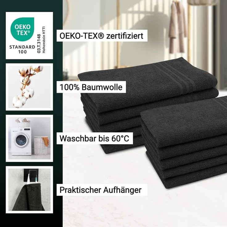 ZOLLNER 10er Set Gästehandtücher, Baumwolle, 30x50 cm, schwarz – Bild 3