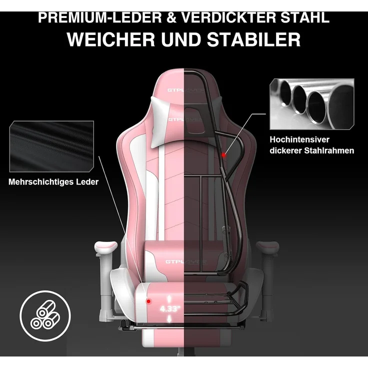 GTPLAYER Gaming Stuhl Gamer Stuhl mit Fußstütze Bluetooth Lautsprecher Ergonomischer Bürostuhl Computerstuhl Schreibtischstuhl PC Stuhl mit verstellbare Rückenlehne 150 kg Belastbarkeit pink – Bild 4
