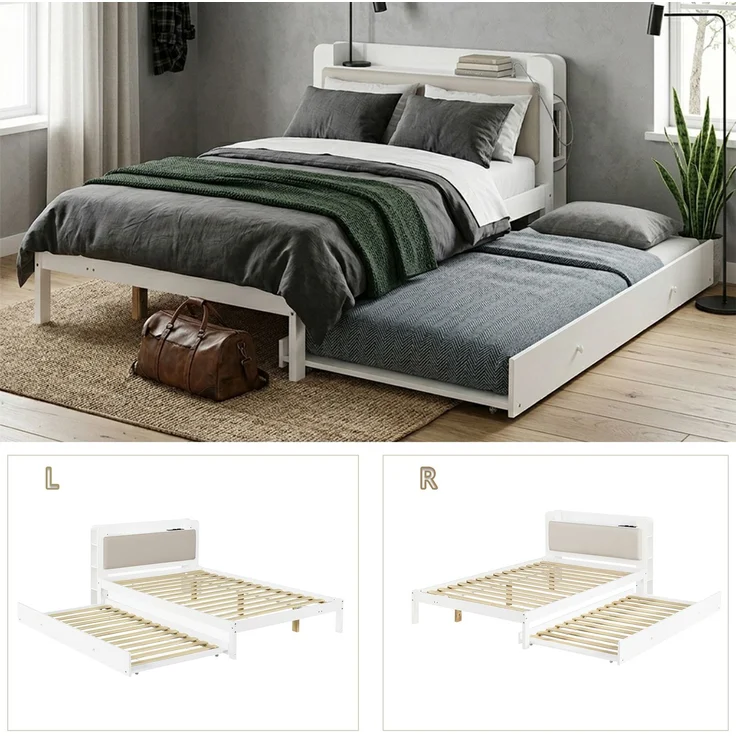 Funktionsbett 120x200 cm Weiß mit Ausziehbett 90x190 cm, Holzbett mit gepolstertem Kopfteil, Kopfteilregal, Ladestation und offenem Stauraum, platzsparendes Gästebett--Weiß--220x125x80cm--YOUDENOVA – Bild 9