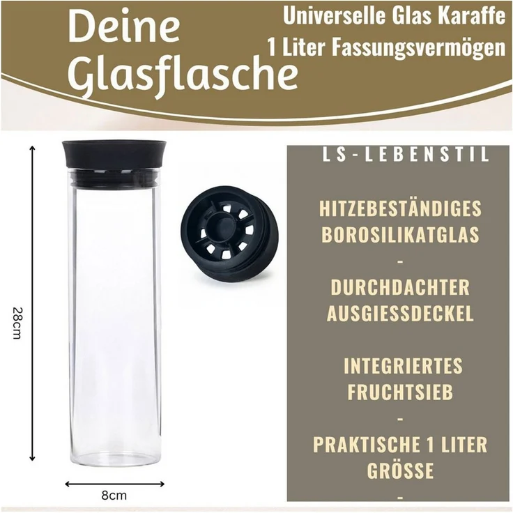 LS-LebenStil Wasserkaraffe 2x Glas Wasserflasche 1L Borosilikatglas Flasche Karaffe mit Deckel, (mit Silikon Deckel und integriertem Sieb, Glaskaraffe Trinkflasche, 2-tlg, für Sprudel, Wasser Infused Water, Tee, Saft und Kaltgetränke Eistee), Modernes,... – Bild 2