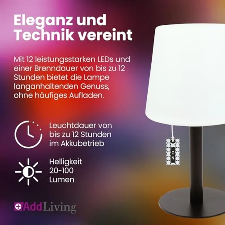 AddLiving LED Tischleuchte LED Tischlampe Table Light RGB dimmbar mit Zugschalter IP44, RGB-Farbwechsel, 12h Leuchtdauer, Zugschalter, 12 LEDs, IP44 – Bild 3