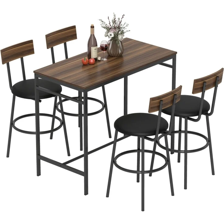 Bartisch-Set aus Holz, 5-teilig mit 4 gepolsterten Hockern, 110x55x90 cm, Braun – Bild 6