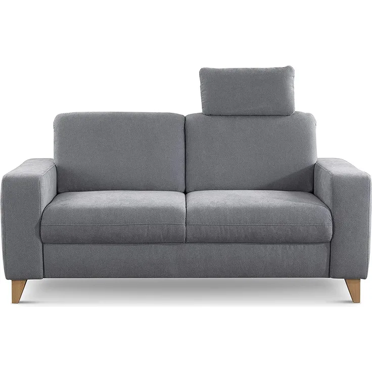 CAVADORE 2er Sofa Lotta / Skandinavische 2-Sitzer-Couch mit Federkern, Kopfstütze und Holzfüßen / 173 x 88 x 88 / Webstoff, Hellgrau