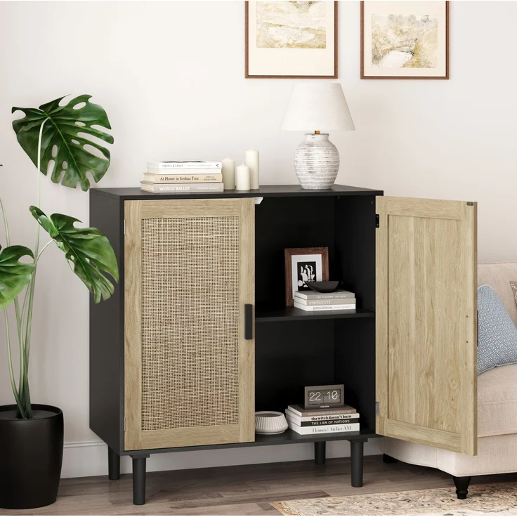 DESVIAE Sideboard mit Rattantüren 80x88x40 cm MDF Schwarz – Bild 5