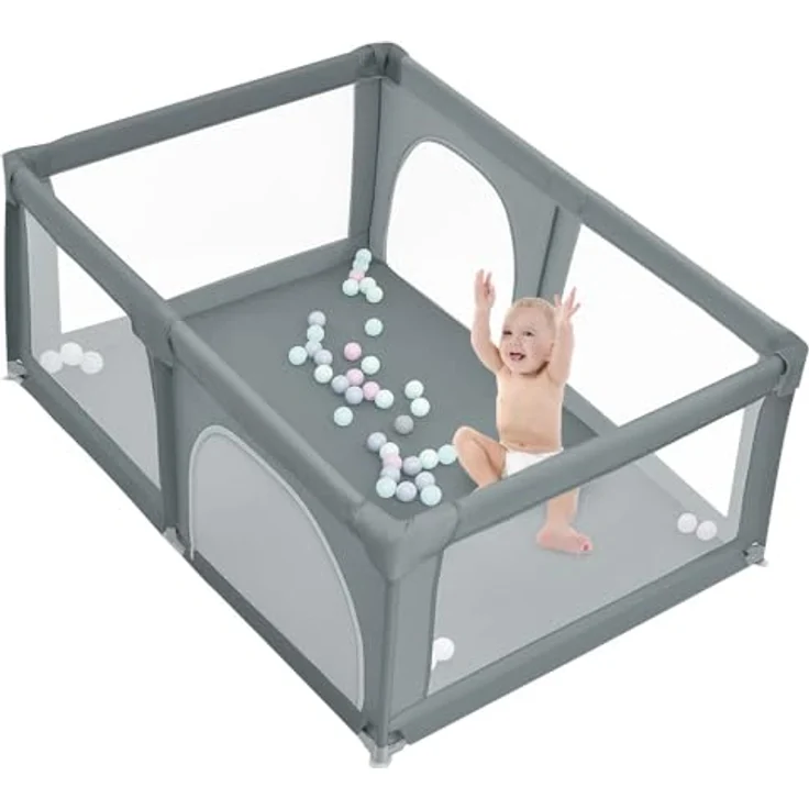 Baby Laufstall, Laufgitter mit atmungsaktivem Netz und Reißverschluss, Krabbelgitter 2 Türen, Laufgitterzelt für Säuglinge und Kleinkinder-180 * 120 * 66 cm-dunkelgrau – Bild 3