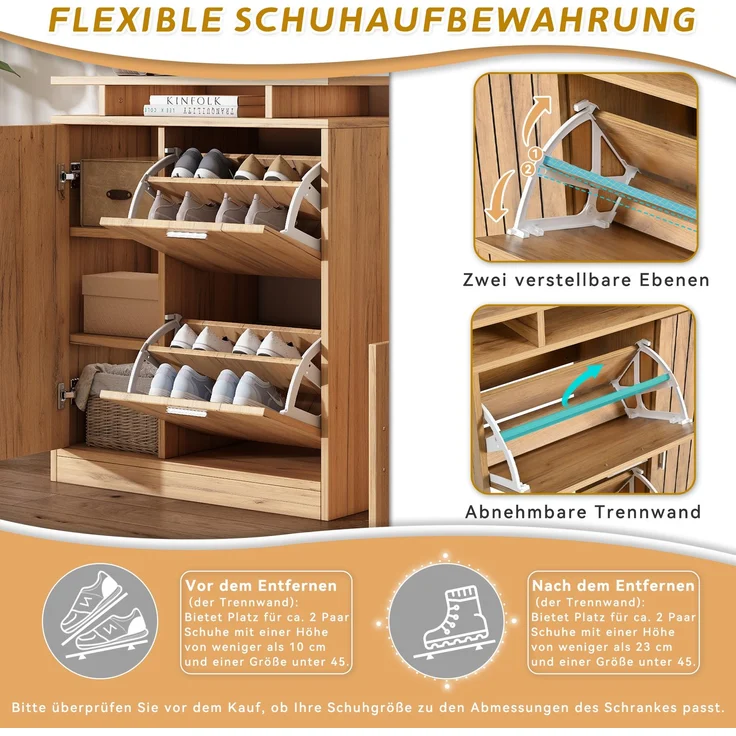 Flur-Garderoben-Set, Wandgarderobe; Garderoben-Set mit Schuhbank und Schuhschrank, 1 Spiegel, 4 Haken, 5 Türen, natural, B140× T35 × H133 cm – Bild 5