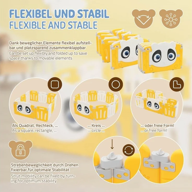 Joyz Laufgitter Laufstall Baby Krabbelgitter faltbar Absperrgitter Zaun Babygitter, Kinderlaufstall 160×160 cm Weiß-Gelb Schutzgitter mit Tür und Lernuhr – Bild 3