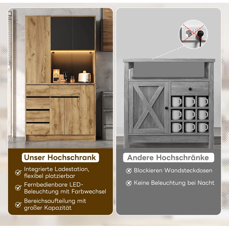 ZUBALIYA Küchenschrank 105x40x185 cm, mit LED-Beleuchtung, mit Steckdosen, mit verstellbaren Einlegeböden, aus MDF, Schwarz / Natur – Bild 6