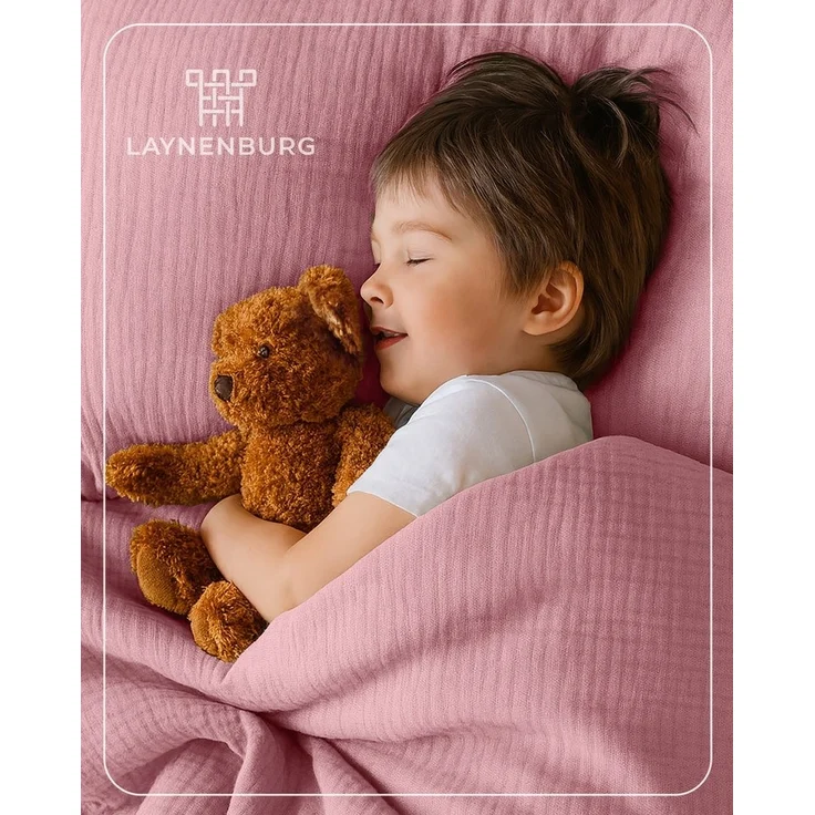 Laynenburg Kinderbettwäsche Musselin 2 teilig aus 100% Baumwolle in 100x135 cm + 40x60 cm, atmungsaktiv & bügelfrei – 3 lagig mit Reißverschluss & Haltebändern – Bild 1