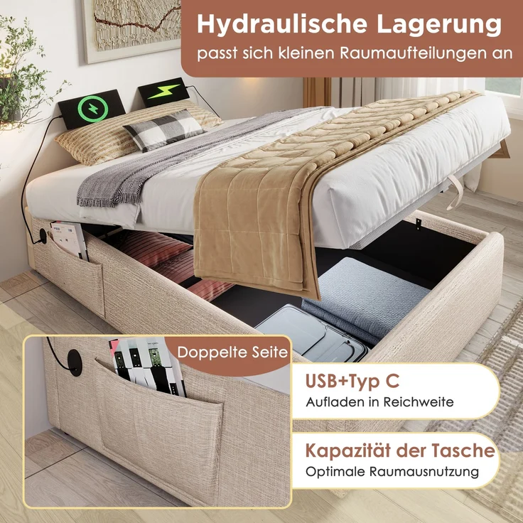 Polsterbett Doppelbett 140×200 cm, Struraumbett Bettgestell mit USB- C und Vollflächiger Lattenrost, Ohne Kopfteil, Leinen, Natürlich – Bild 7