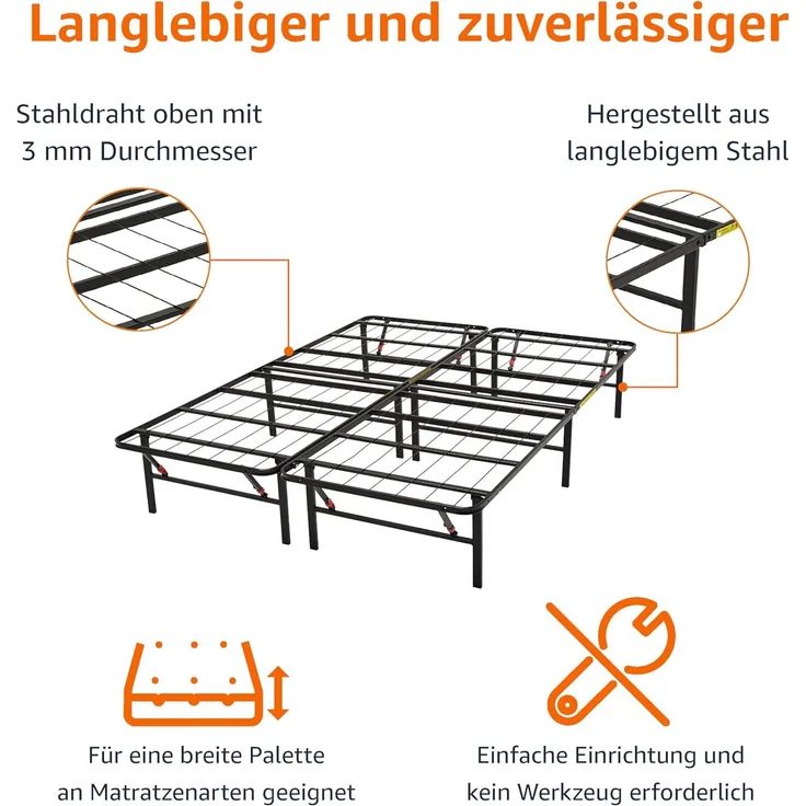 Amazon Basics Klappbares Plattform-Bettgestell, kein Werkzeug für Montage erforderlich, Unterbettaufbewahrung, 135x190 cm – Bild 4