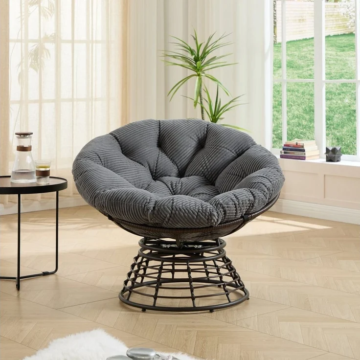 LVHOM Relaxsessel Papasansessel Rattanstuhl mit Kissen, 360° drehbar, Durchmesser 92 cm (Komfortables Sitzerlebnis, 10cm rundes Sitzkissen, ergonomisches Design, rutschfeste Füße, rostfreier Stahlrahmen, Belastbarkeit 130kg), geeignet für Wohnzimmer, S... – Bild 2
