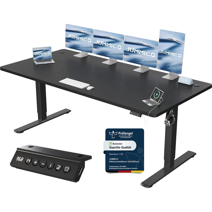 JUMMICO Schreibtisch elektrisch höhenverstellbar mit USB-Ladeanschluss, Schwarz, 200x80 cm