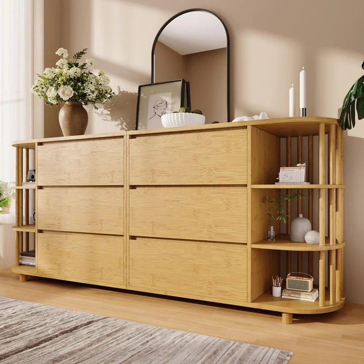 Sideboard Eiche Retro-Römisch mit 6 Schubladen & Bambusregalen, Kippsicher, Wohnzimmer Flur Küche Aufbewahrung – Bild 6