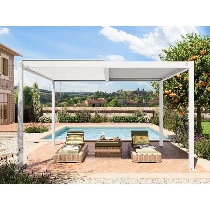 PRIMEYARD Pergola 4x4 m Aluminium-Pfosten mit Lamellendach aus Stahl weiße Terrassenüberdachung – Bild 3