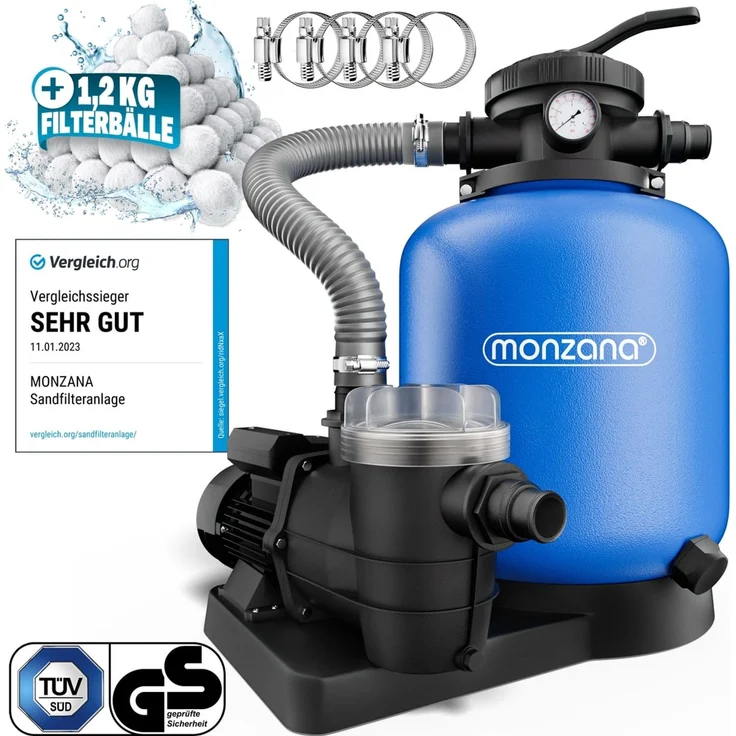 MONZANA® Sandfilteranlage SF110K, 13.200L/h bis 58.000L Pool, inkl Filterballs, 7 Wege Ventil, 2in1 Adapter, Ø32-38mm, 600W Filteranlage Pumpe Filterkessel – Bild 1