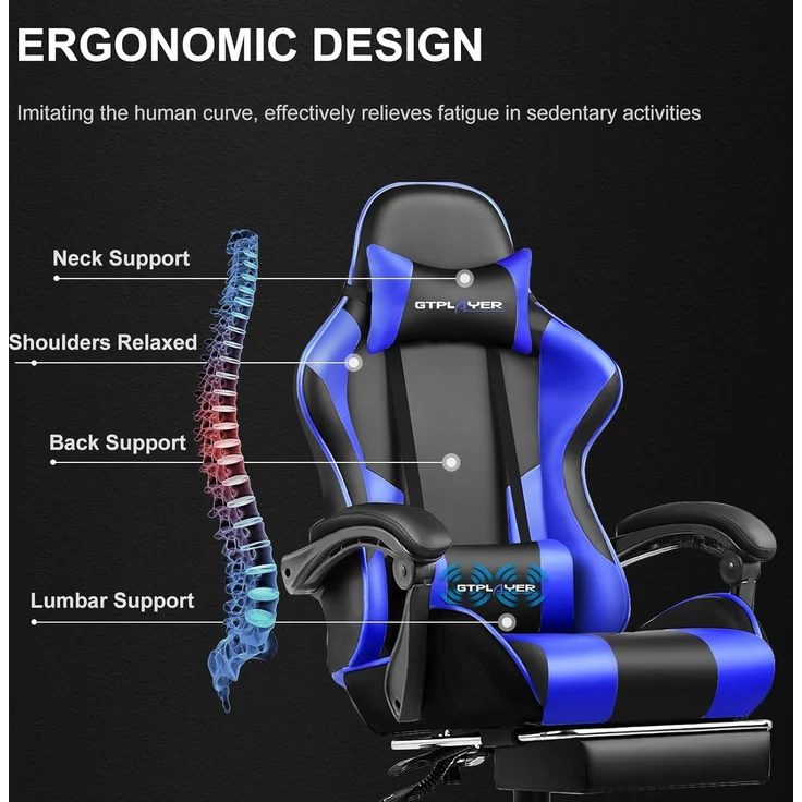 GTPLAYER Bürostuhl Gaming Stuhl Gaming Sessel Ergonomischer Gamer Stuhl mit Fußstütze, Kopfstütze Lendenkissen, Gepolstert Gaming Chair, Drehsessel Blau – Bild 6