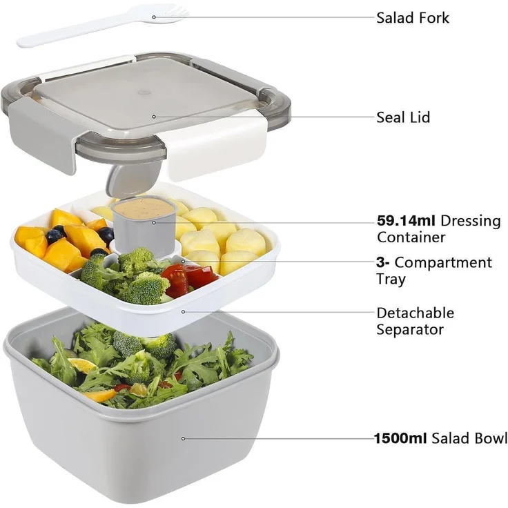 Lunchbox auslaufsicher Bento Box 3 Fächer Salatbehälter 1500 ML Grau – Bild 2