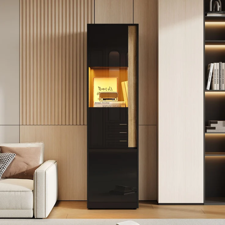 Vitrine, Aufbewahrungsmöbel, hoher Schrank mit LED-Beleuchtung, 2 Türen (eine davon aus Acryl), Geeignet für Wohnzimmer, Büros und Küchen. Schwarz+Natural, Maße: B50 x T40 x H179 cm.--Schwarz + Natur--50x40x179cm--YOUDENOVA – Bild 5