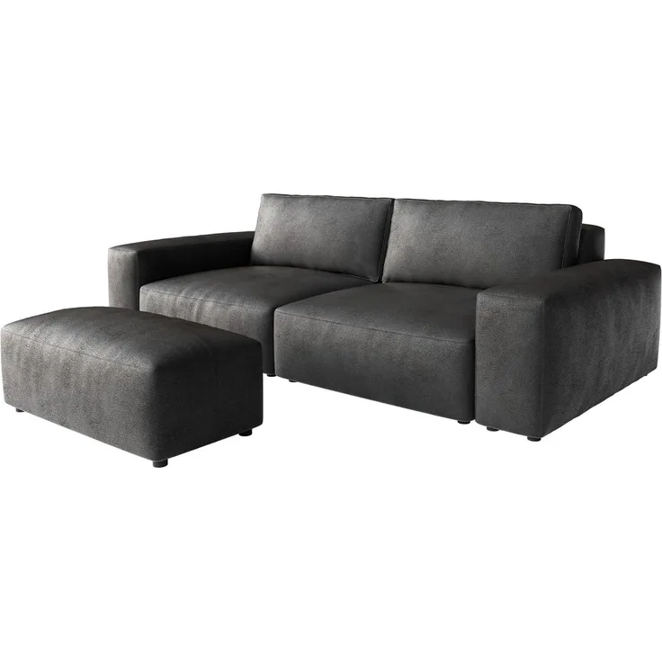 Big-Sofa Lanzo XL 270x130 cm Lederimitat Vintage Anthrazit mit Hocker
