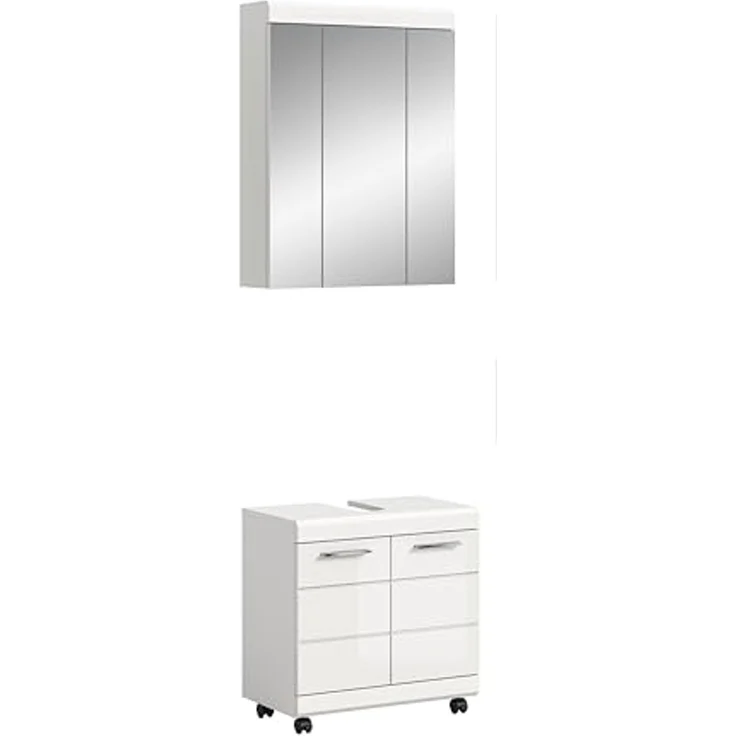 xonox. home – 2 TLG. Badkombination Scout 60x191x34 cm in Weiß Hochglanz – Mobiles Set aus Waschbeckenunterschrank & Spiegelschrank auf Rollen – Modernes Badezimmerset für Flexible Badorganisation – Bild 1