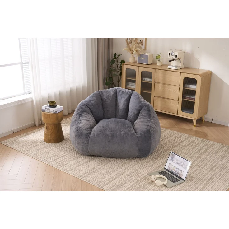 Sitzsack in Grau 111cm×123cm×75cm mit Kunstfell-Bezug – gepolsterter Loungesessel für Wohnzimmer und Schlafzimmer – Bild 3