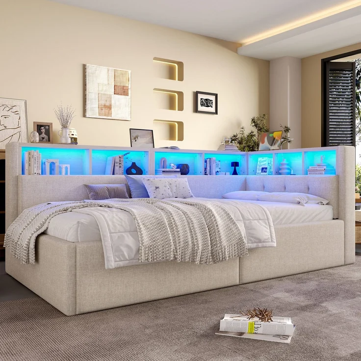 Stauraumbett mit LED-Beleuchtung, Lattenrost, Stauraum, Regal, USB und Type-C Anschlüssen, 90x200cm, Polsterbett, Einzelbett, Schlafsofa, Leinen – Bild 3