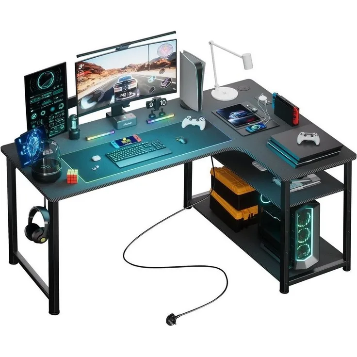 GTPLAYER Gamingtisch Eckschreibtisch Schreibtisch mit Regal USB-Ladeanschluss und Steckdose (1 Tisch), 120cm Computertisch L Form, PC Tisch für Büro, Heimbüro