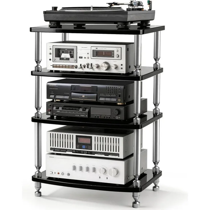 XERSEK Media-Regal HiFi Rack AV-Regal Phonoschrank Verstärker-Rack TV-Ständer 60×52×83 cm, 4-Stöckiges, Abstand Individuell Verstellbar für HiFi-Geräte