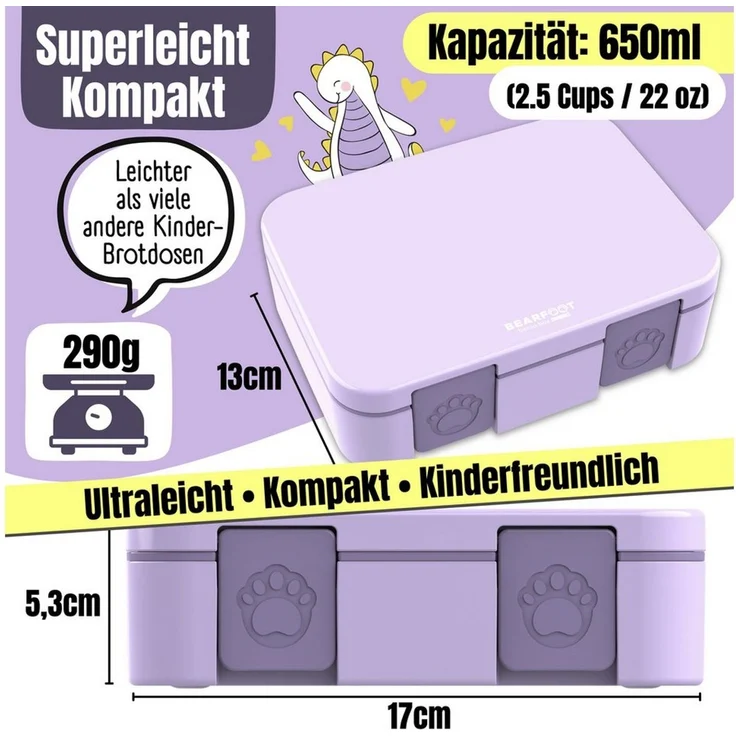 BEARFOOT Lunchbox Brotdose mit Fächern, leicht & auslaufsicher - lila, PP, ABS, Silikon, Kindergarten und Schule - Mädchen und Jungen, Vesperbox, Snackbox – Bild 4