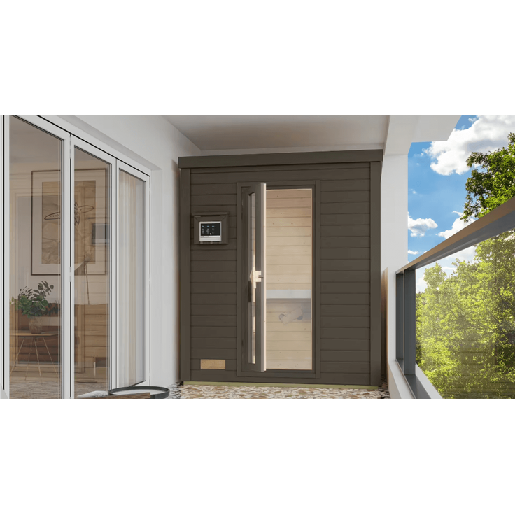 Karibu Sauna Hytti 0 terragrau mit 9 kW Ofen mit integrierter Steuerung – Bild 3