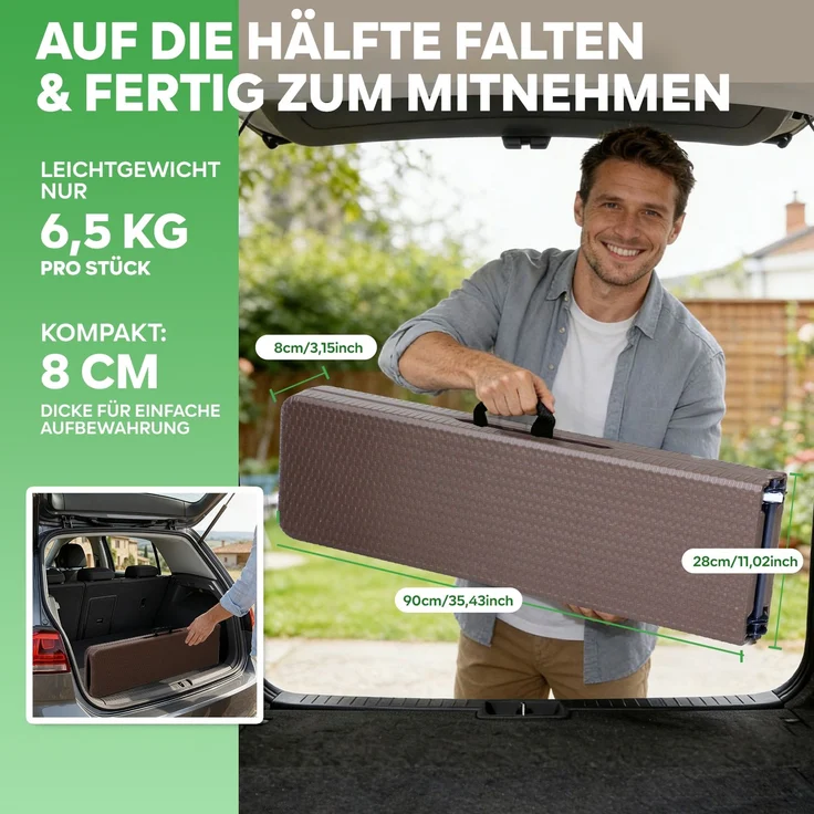 Eiryss Klappbank 2er Set, Wetterfeste Gartenbank aus HDPE mit Geflecht-Optik, Klappbare Sitzbank mit 4 Sicherheitsverriegelungen, Belastbar bis 400 kg, für Balkon, Terrasse & Camping, 180x28x43 cm – Bild 6
