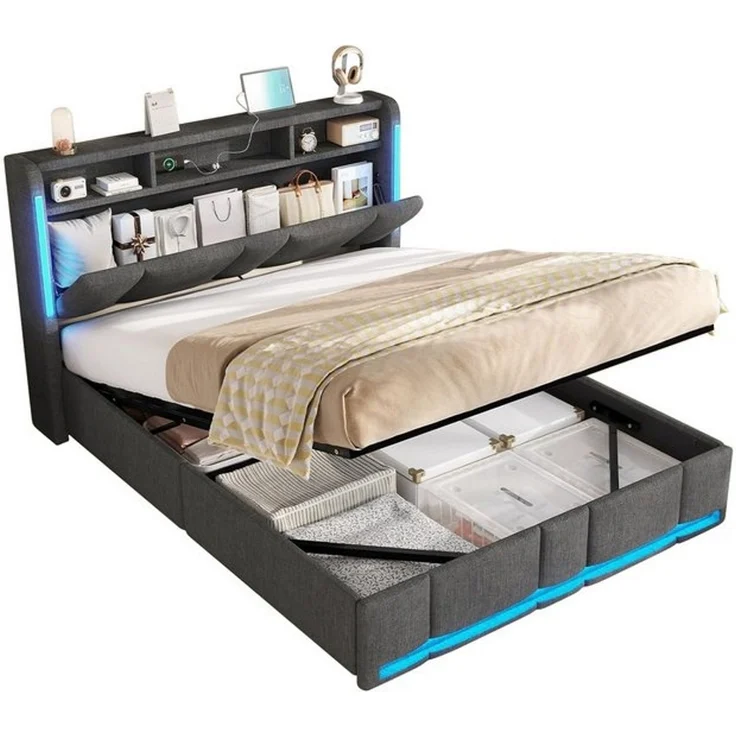 MSMASK Polsterbett Hydraulischem Stauraumbett mit LED Beleuchtung & Steckdosen (1-tlg, Ohne Matratze), Reichlich Lagerplatz unter dem Bett & am Kopfteil, 140x190 cm – Bild 4