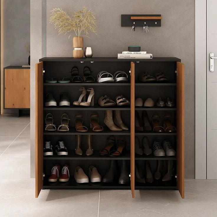 IDIMEX Schuhschrank MIRAN Schuhkommode platzsparend mit 3 Türen Schwarz/Eiche Finish – Bild 2