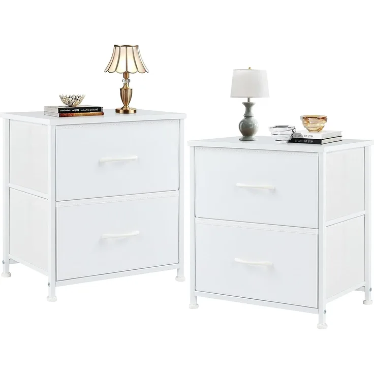 Sweetcrispy Nachttisch 2er Set, Nachttisch Beistelltisch, Stoff Schubladenschrank, Schmal Schrank, Kommode Schlafzimmer, Industrial Stil für Wohnzimmer, Kinderzimmer, Flur Aufbewahrungsschrank, weiß