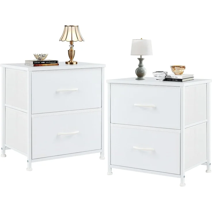 Sweetcrispy Nachttisch 2er Set, Nachttisch Beistelltisch, Stoff Schubladenschrank, Schmal Schrank, Kommode Schlafzimmer, Industrial Stil für Wohnzimmer, Kinderzimmer, Flur Aufbewahrungsschrank, weiß – Bild 1