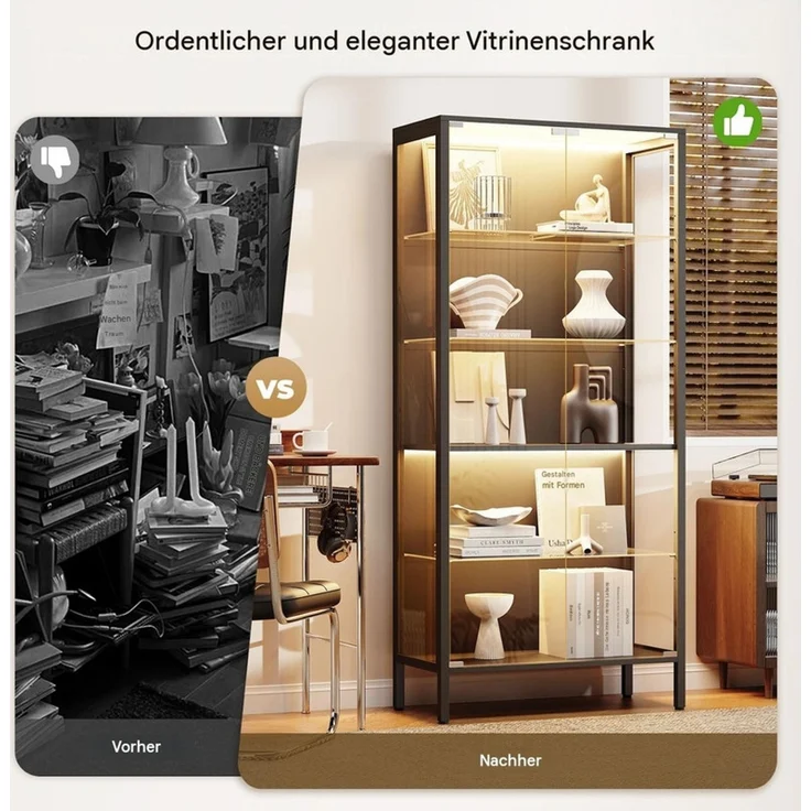 Glasvitrine 75x35x162.5 cm, 5-stöckige Vitrine mit LED-Beleuchtung, verstellbaren Glasböden und Sensor, Schwarz – Bild 10