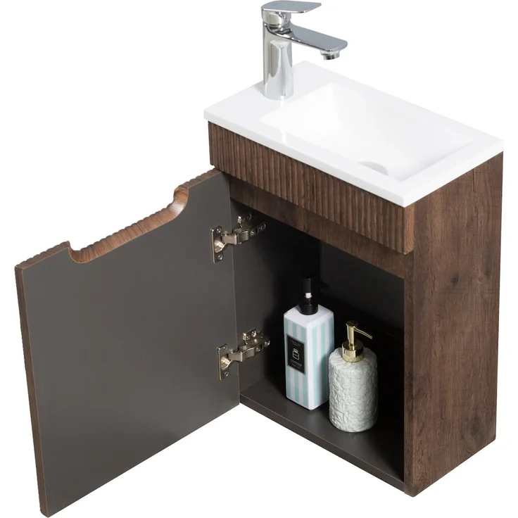 Badplaats Gäste-WC Waschtisch Set Thermis 40x22 cm Walnuss Braun - Badmöbel Set mit Waschbecken und Unterschrank, Vormontiert und mit Soft-Close – Bild 2