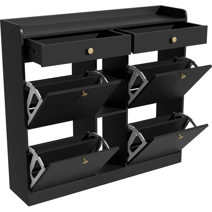 Schuhschrank, Spanplatte mit 4 Klapptüren & 2 Schubladen, 110x26x100 cm, Schwarz – Bild 6