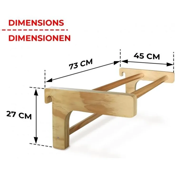 Physionics® Abnehmbare Klimmzugstange für Sprossenwand - belastbar bis 100 kg, 3 Sprossen, 73 x 45 x 27 cm, aus Holz, höhenverstellbar - Klimmzugbügel, Reckstange, Einhängebügel, Turnwand