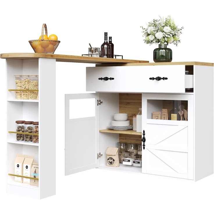 Ausziehbarer Bartisch mit Stauraum(138-204×39×104cm) , 360° drehbare Essbar,Moderner Beweglicher Bar Table,Hochtisch Kücheninsel Bistro Table, Sideboardschrank mit Regalen, weiß – Bild 9