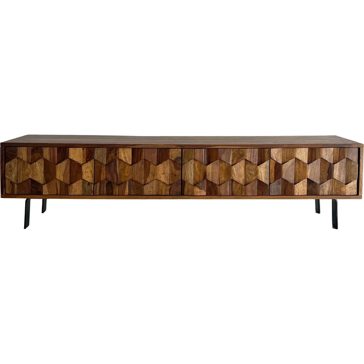 FINEBUY Lowboard TV Board Massivholz 160 cm 3D Fronten & Metallbeine (vier Türen, 160x40x35 cm, Massivholz 3D-Fronten), TV-Schrank Modern Fernsehtisch, TV-Kommode Niedrig – Bild 6
