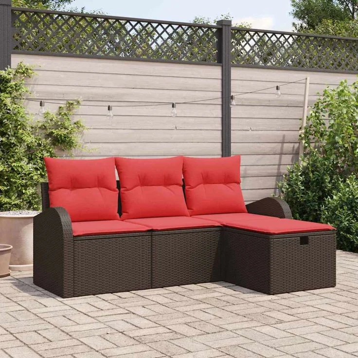 vidaXL Gartensofa-set mit Kissen mit Speicher 4 pcs Braun Poly-Rattan 3360385 – Bild 1