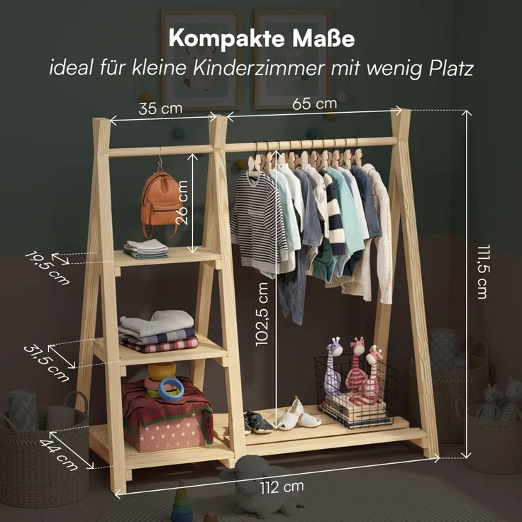 Bellabino 'Ryck' Tipi Kleiderstange mit 3 Regalen, Kiefer Massivholz, natur, 112x48x112 cm, Kindergarderobe mit Schuhablagefläche – Bild 7