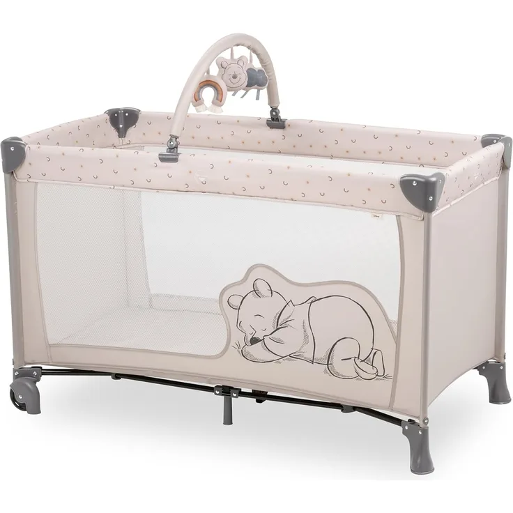 hauck Kinderreisebett Dream N Play Go mit Spielbogen, Rollen und Transporttasche, Klein Zusammenklappbar, Baby Reisebett Kleinkind ab Geburt bis 15 kg (Disney Pooh Rainbow Beige)