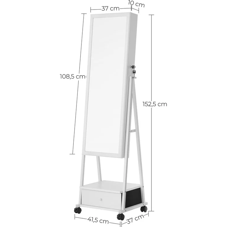 Songmics Schmuckschrank, Ganzkörperspiegel, Spiegelschrank, abschließbarer Schmuckorganizer mit Schublade, Rollen, 41,5 x 37 x 152,5 cm, Weiß – Bild 5