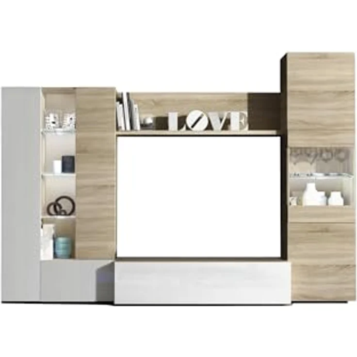 Dmora - Wohnzimmermöbel Raleigh, modulares TV-Ständer-Wohnzimmerelement, Wohnzimmerkomposition mit Wandelementen und Vitrinen und LED-Licht, 260 x 42 x 185 cm, Eiche und Weiß – Bild 8