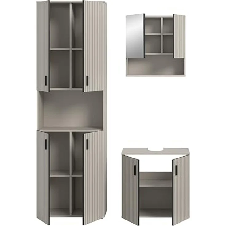 xonox. home – Badkombination Mone 135x192x30 cm in Kaschmir Nachbildung – 3-teiliges Set mit Badschrank, Waschbeckenunterschrank & Spiegelschrank – funktional & vielseitig kombinierbar – Bild 3